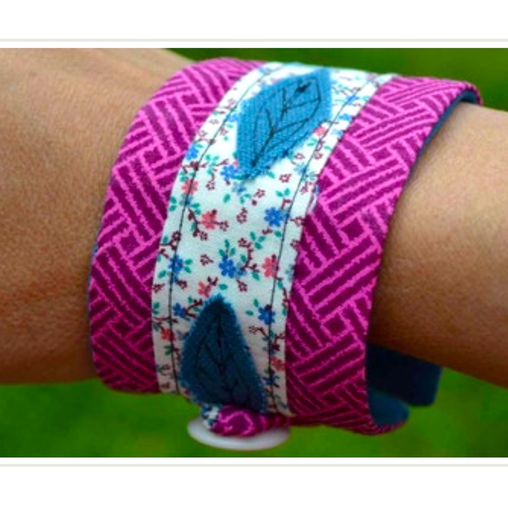 Handmade Fall Autumn teal leaf appliqué fabric cuff bracelet Bohemian festival